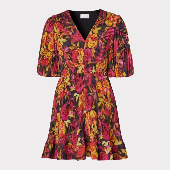 NEW Milly Pleated Sunset Azalea Floral Bubble Puff Sleeve Dress Size 6 - Picture 1 of 14